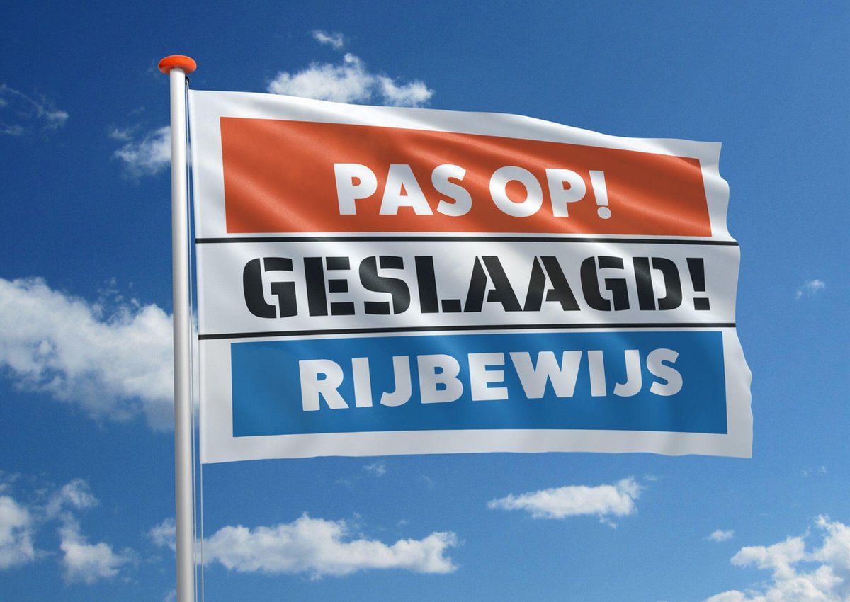 Rijbewijsvlag: Pas op! Geslaagd! Rijbewijs - 100x150 cm