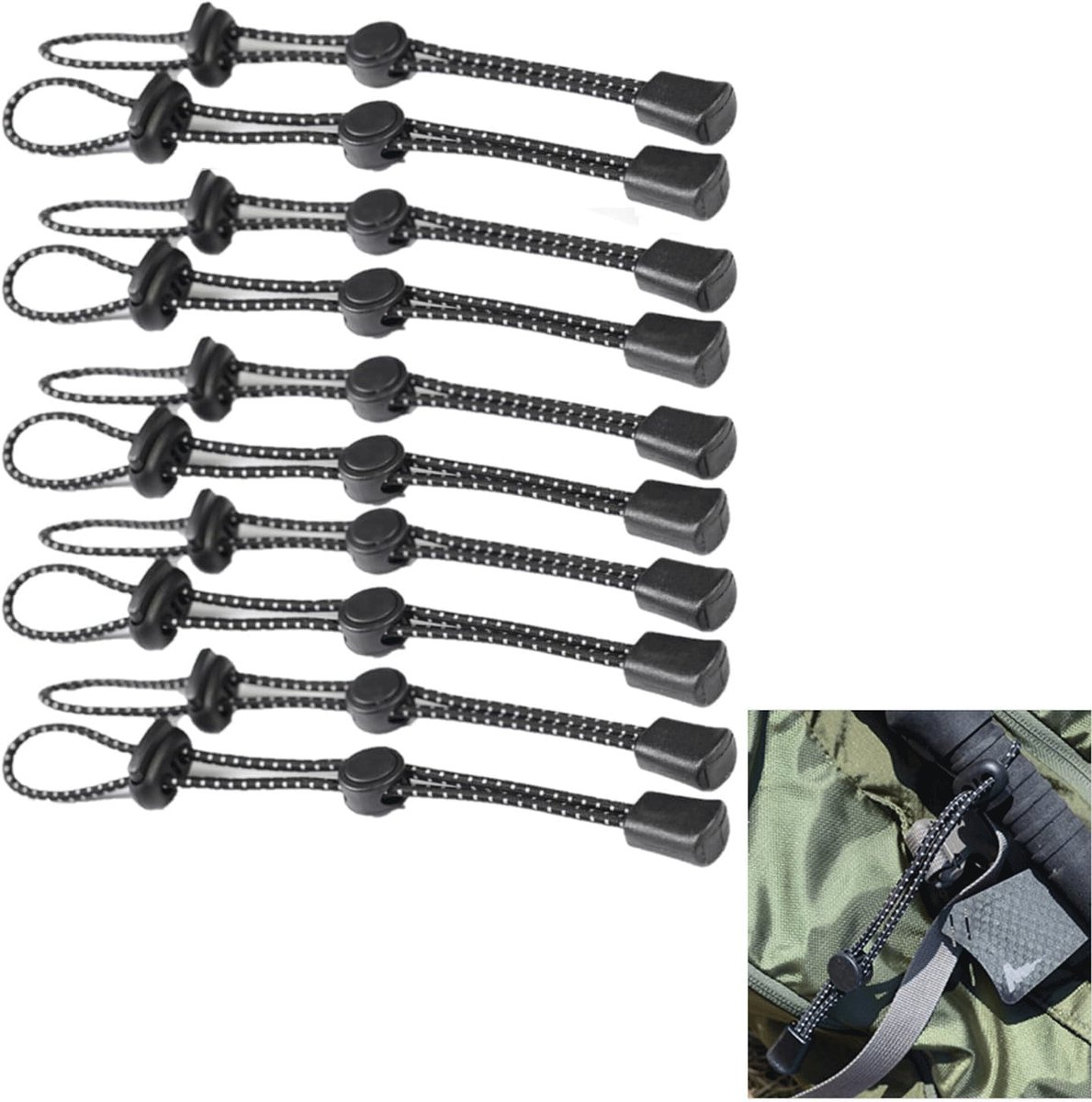 10 stuks Trekkingstokkoorden Verstelbare elastische koorden - Rugzak Trekkingstokhouder - Trekkingstokdraagriemen - Vaste bungeekoordgesp - Wandelstokhoudergesp - Voor bergbeklimmen, wandelen, outdoortrekking - Zwart