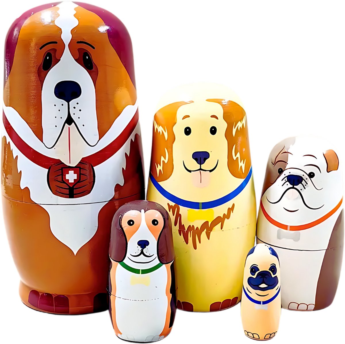 MatroesjkaFamily® Matroesjka Poppen - Honden - 5 Delig - Hout - Matroesjka - Nesting Dolls - Baboesjka Poppetjes Hout - Geverfd - Baboesjka - Babushka - Peg Dolls - Houtpoppetjes - Russische Poppetjes