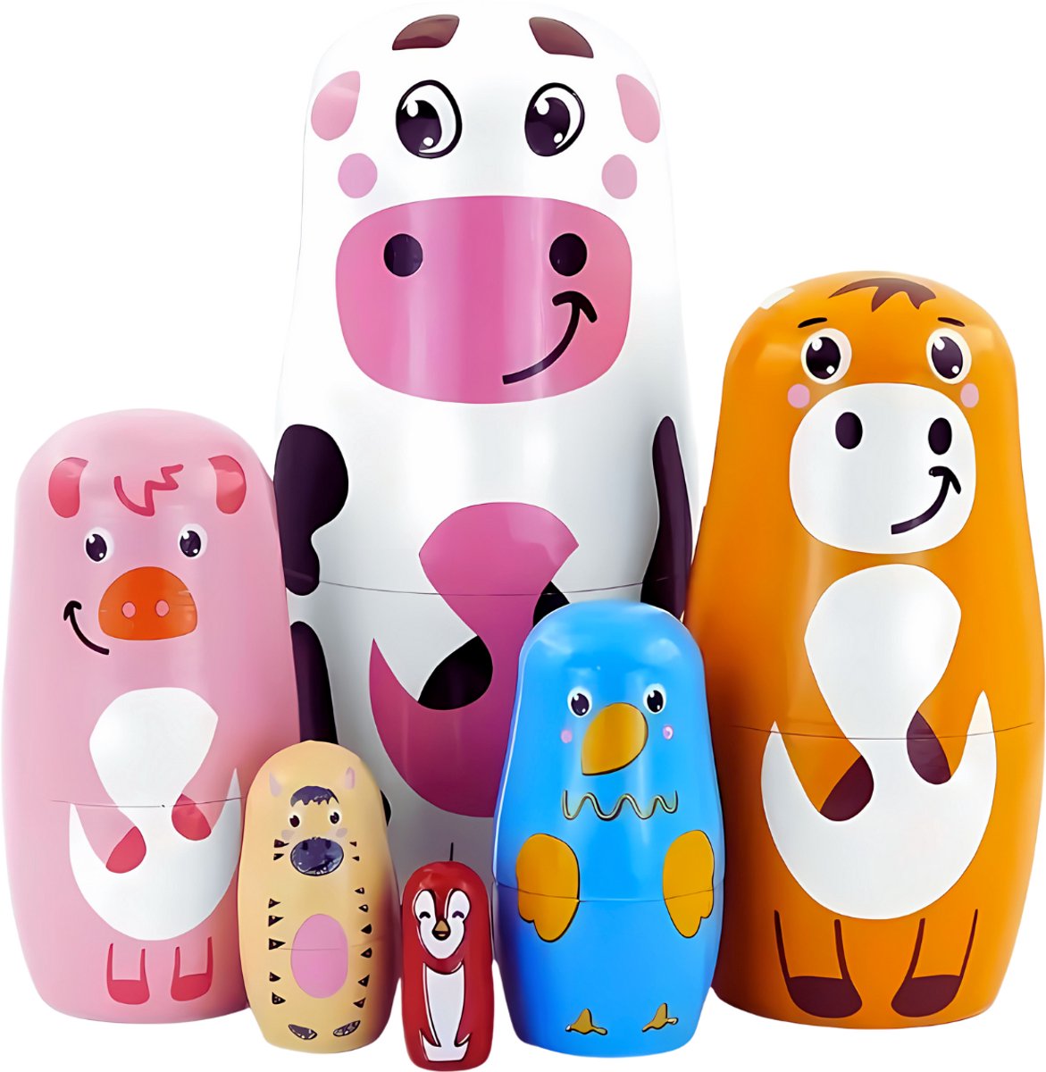 MatroesjkaFamily® Matroesjka Poppen - Lieve Dieren - 6 Delig - Hout - Matroesjka - Nesting Dolls - Baboesjka Poppetjes Hout - Geverfd - Baboesjka - Babushka - Peg Dolls - Houtpoppetjes - Russische Poppetjes