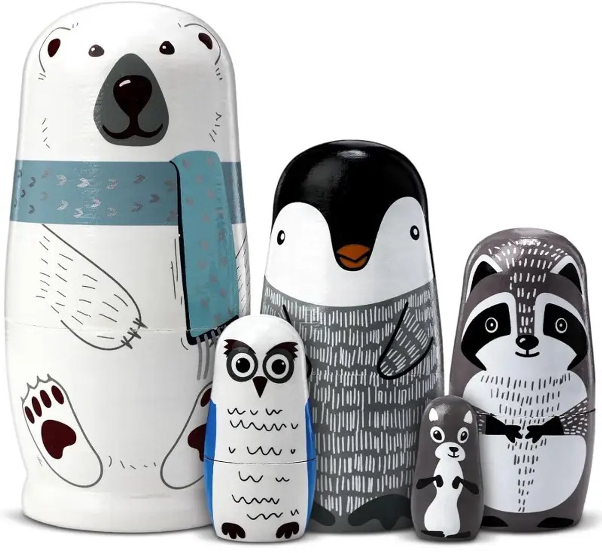 MatroesjkaFamily® Matroesjka Poppen - Winter - 5 Delig - Hout - Matroesjka - Nesting Dolls - Baboesjka Poppetjes Hout - Geverfd - Baboesjka - Babushka - Peg Dolls - Houtpoppetjes - Russische Poppetjes
