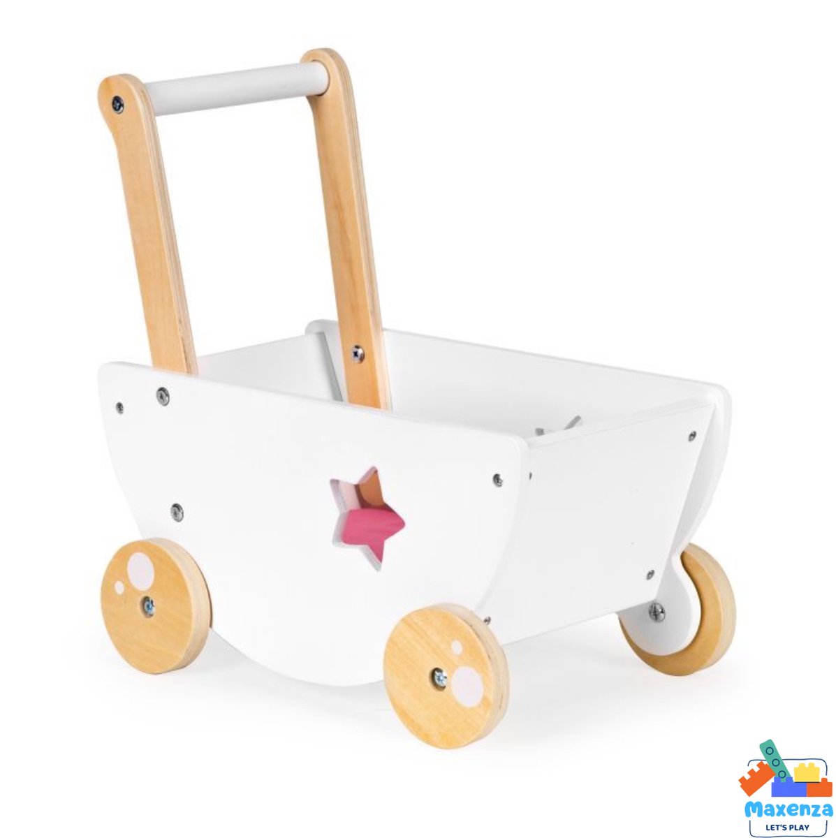 Maxenza Let’s Play 2150N Houten Poppenwagen Star - Voor Binnen & Buiten - Wit - 18m+