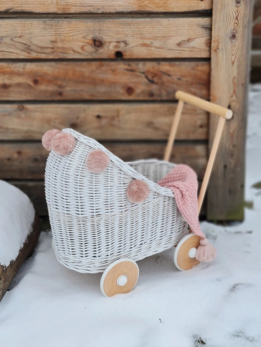 POPPENWAGEN - HOUT - HANDGEMAAKT - WIT - POMPOMS