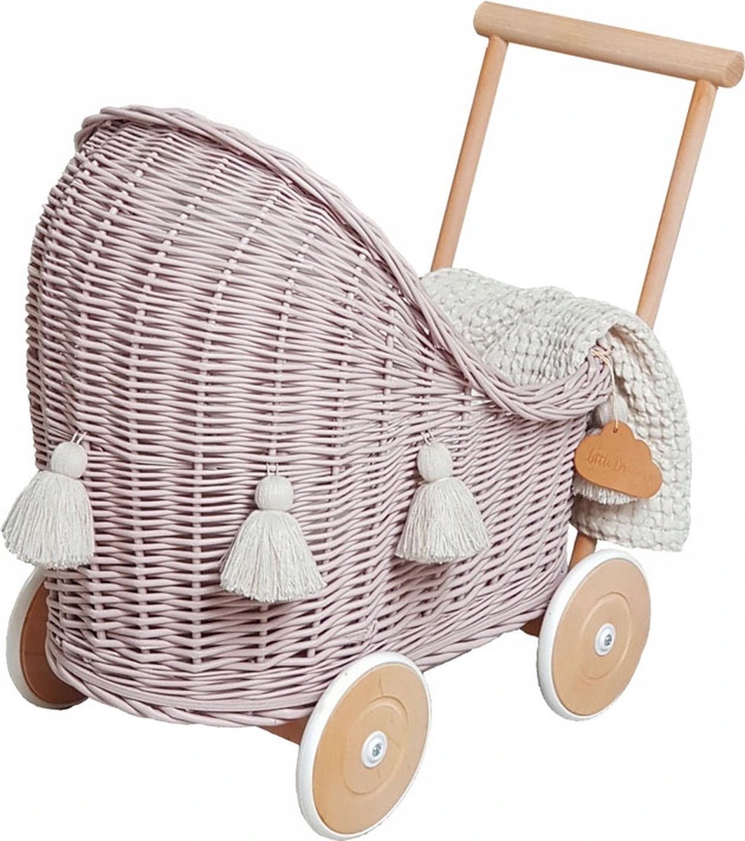 POPPENWAGEN - RIETEN - HOUT - HANDGEMAAKT - VUILE ROZE