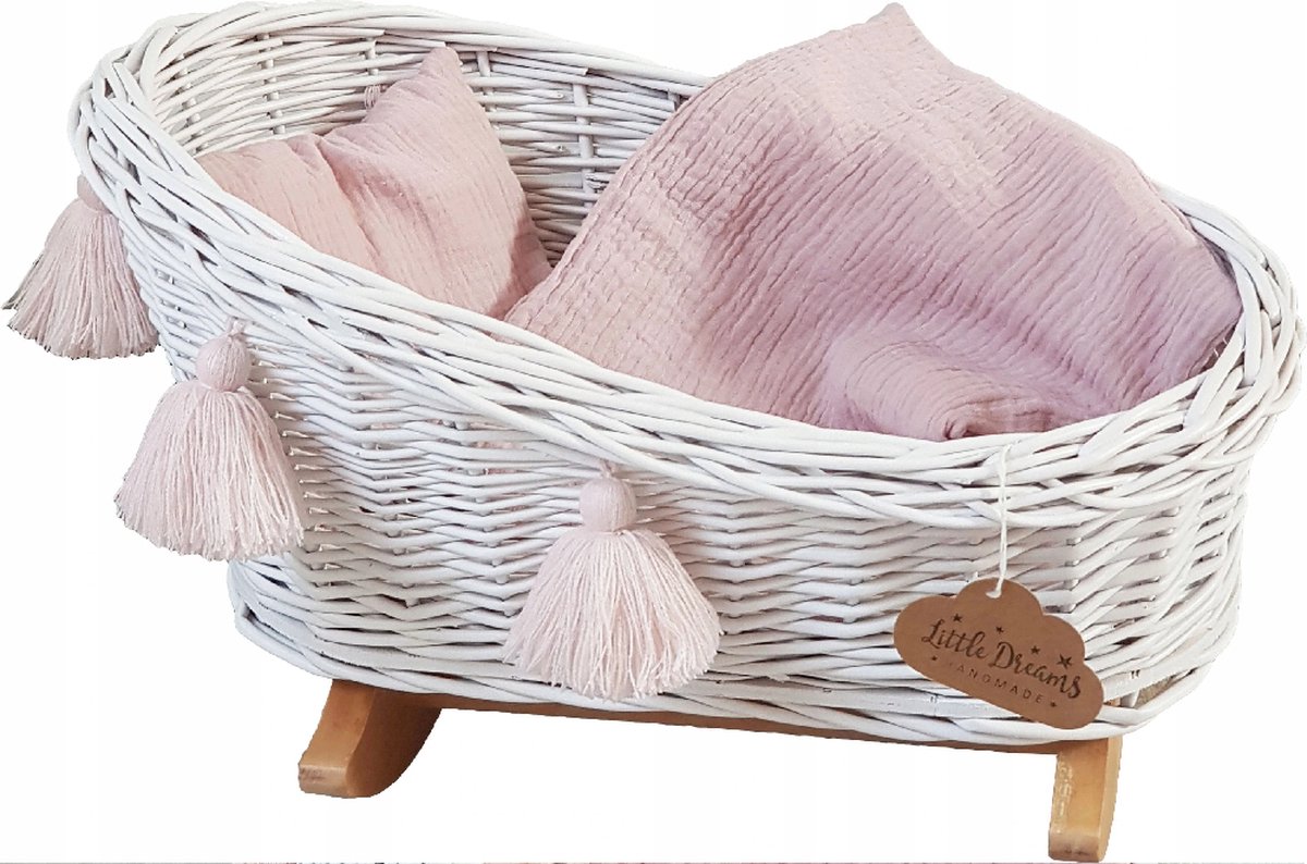 Poppenbed - Wieg - Rieten - Roze beddengoed - Handgemaakt