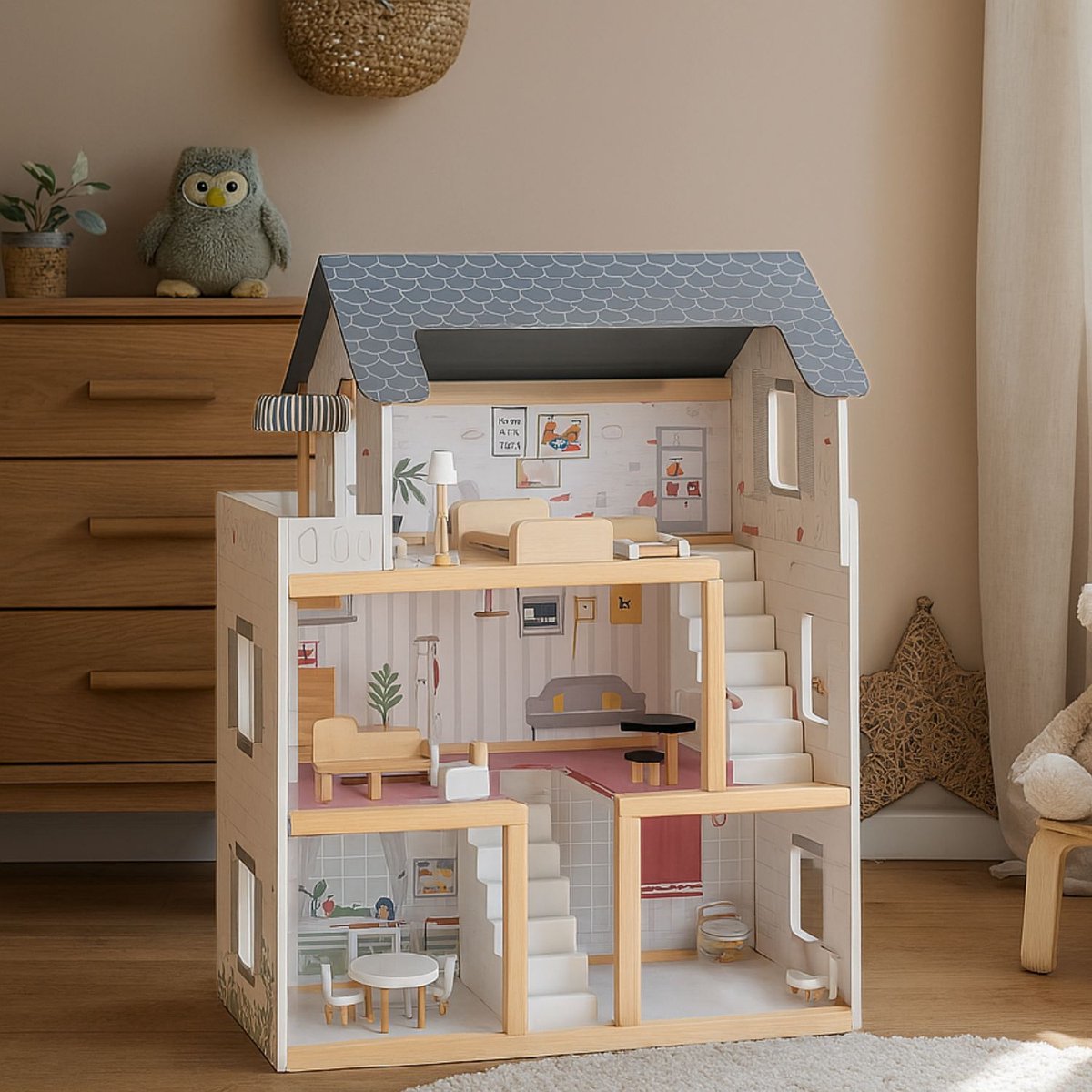 Houten   met Meubels - Dollhouse van Hout - Kinderspeelgoed voor Jongens en Meisjes - 79 Onderdelen en Accessoires - 70 cm - Beige