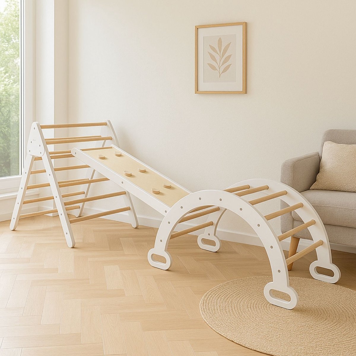 Maxx Kidz - Houten   - Pikler Driehoek met Glijbaan - Klimboog voor Binnen - Baby Speeltoestel - Hout Peuter Speelgoed - Leerzame Klimdriehoek