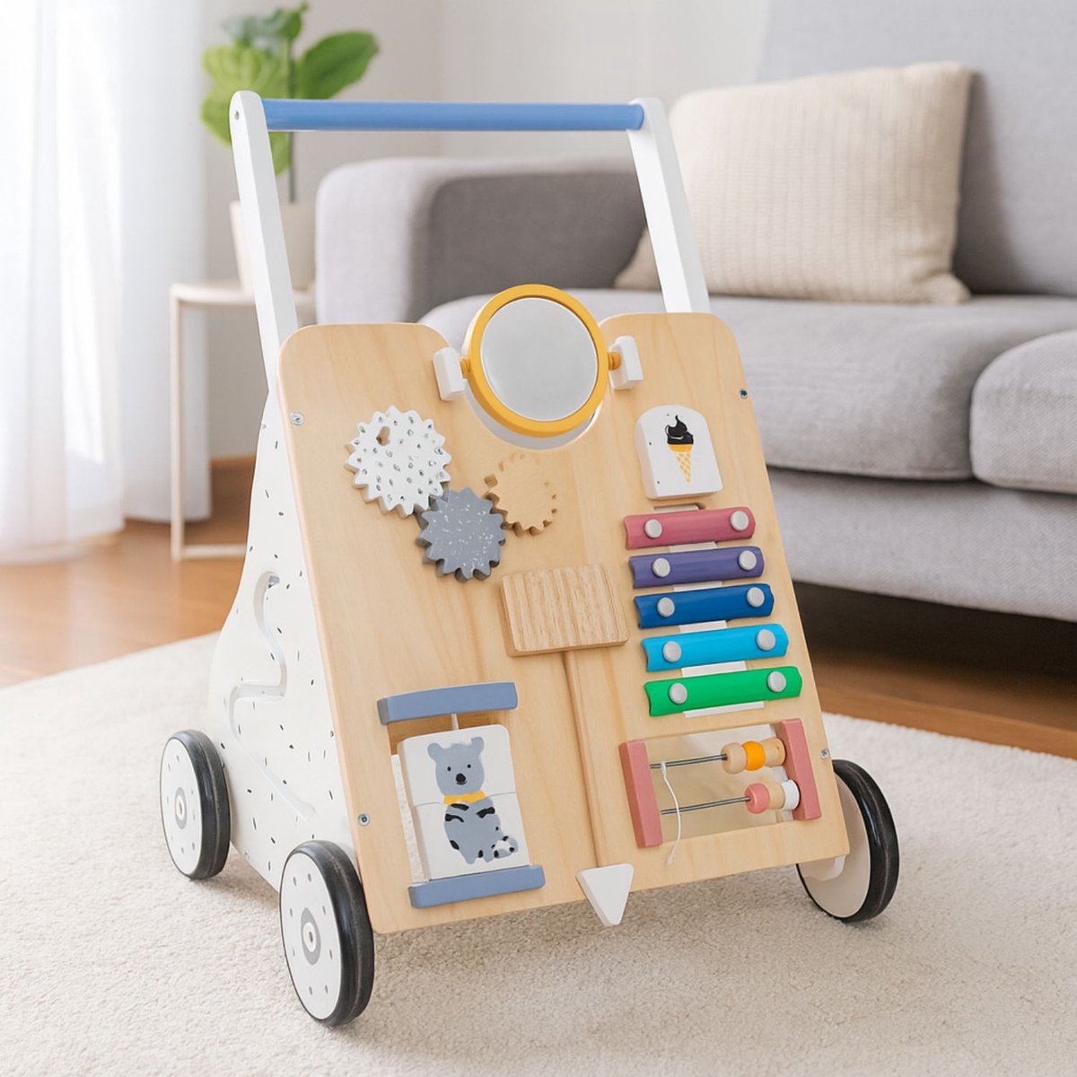   - Loopwagen Hout - Baby Walker - Activiteiten Duwwagen - Leren Lopen - Veel Speelopties - Wit / Hout