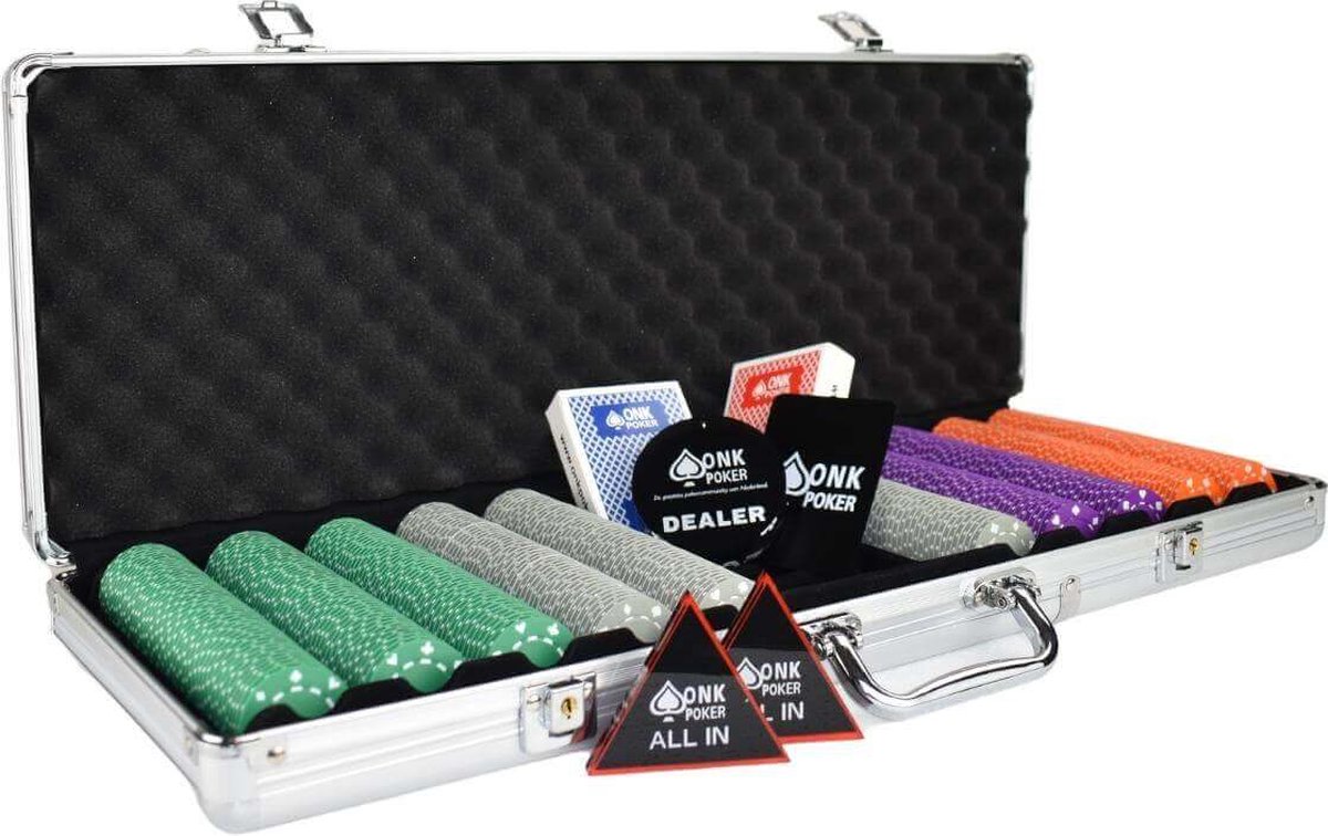 Mega Starter   500 Poker Chips Compleet - pokerkoffer - pokersets - pokerfiches - pokerchips - poker kaarten - pokerkaarten - dealerbutton - all in button - cut card