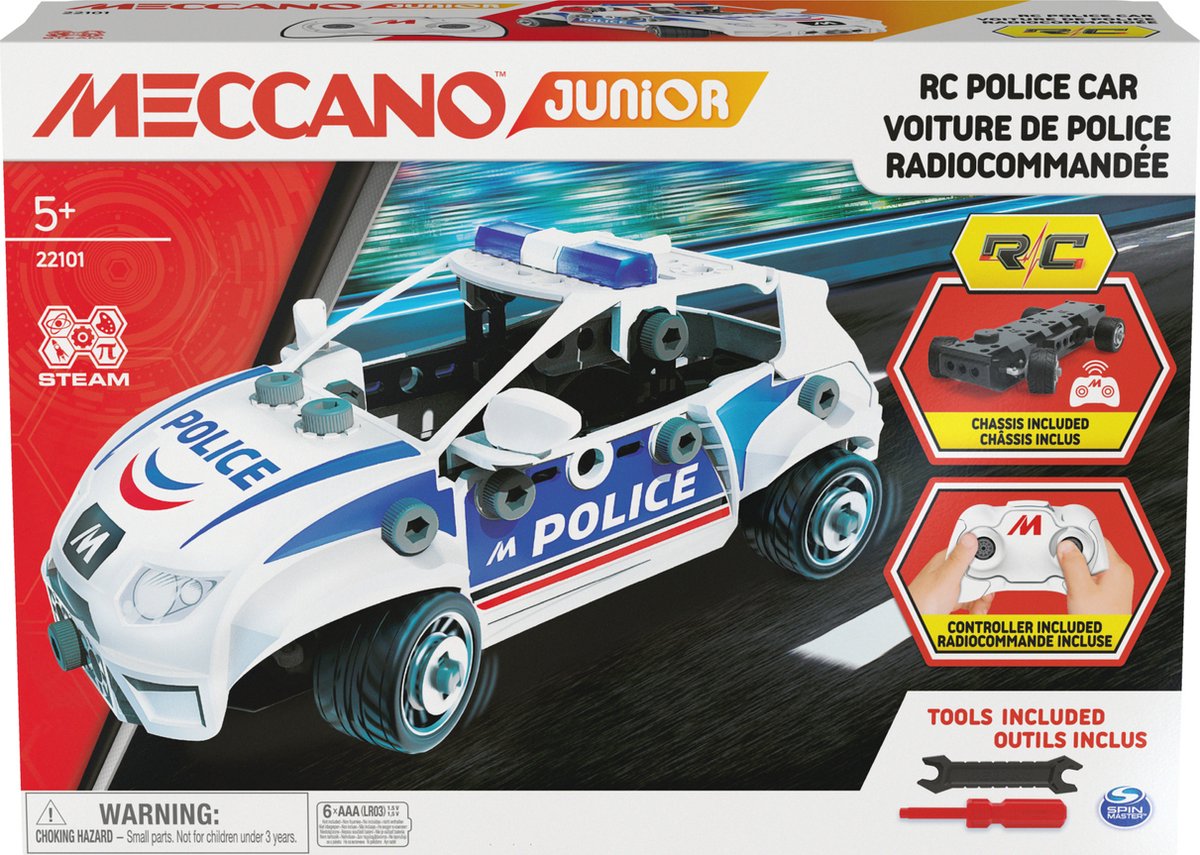 Meccano Junior - RC-politieauto met werkende kofferbak en gereedschap - S.T.E.M.-bouwpakket