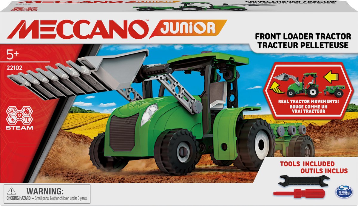 Meccano Junior - Tractor met voorlader bewegende delen en gereedschap - S.T.E.M.-bouwpakket