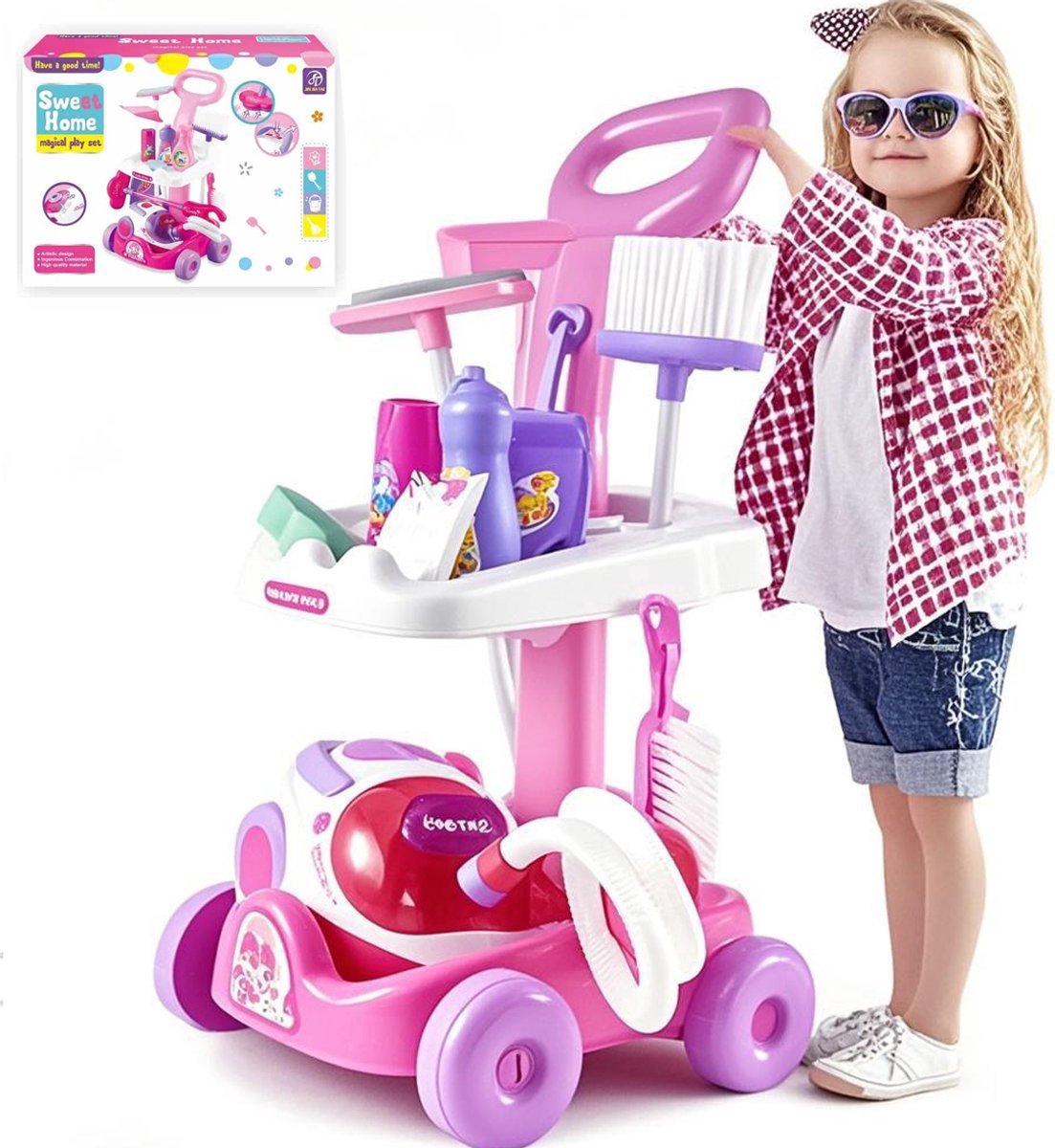   Schoonmaaktrolley-Schoonmaakset Kinderen-Speelgoed Stofzuiger-Montessori Speelgoed-Huishoudelijke schoonmaaktrolley speelset-Schoonmaakset Speelgoed voor Kinderen-4 tot 6 Jaar-11 Delig-Inclusief bezems-borstels-Roze
