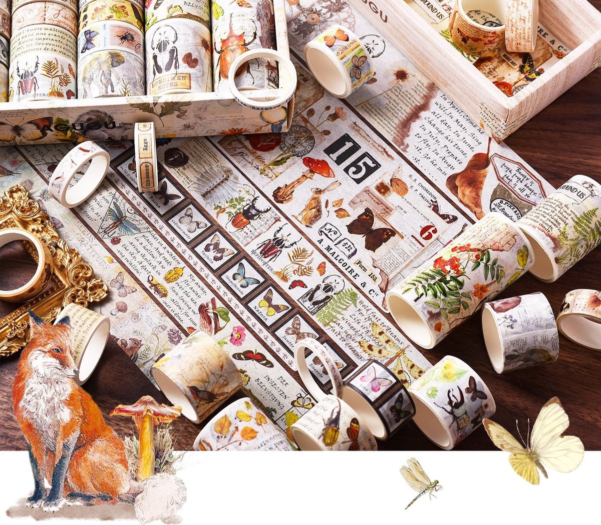 Mega Washi tape set Vintage Flora & Fauna 18 rollen - Masking tape - Leuk voor o.a. bulletjournal, scrapbooking, in agendas en voor het maken van kaarten