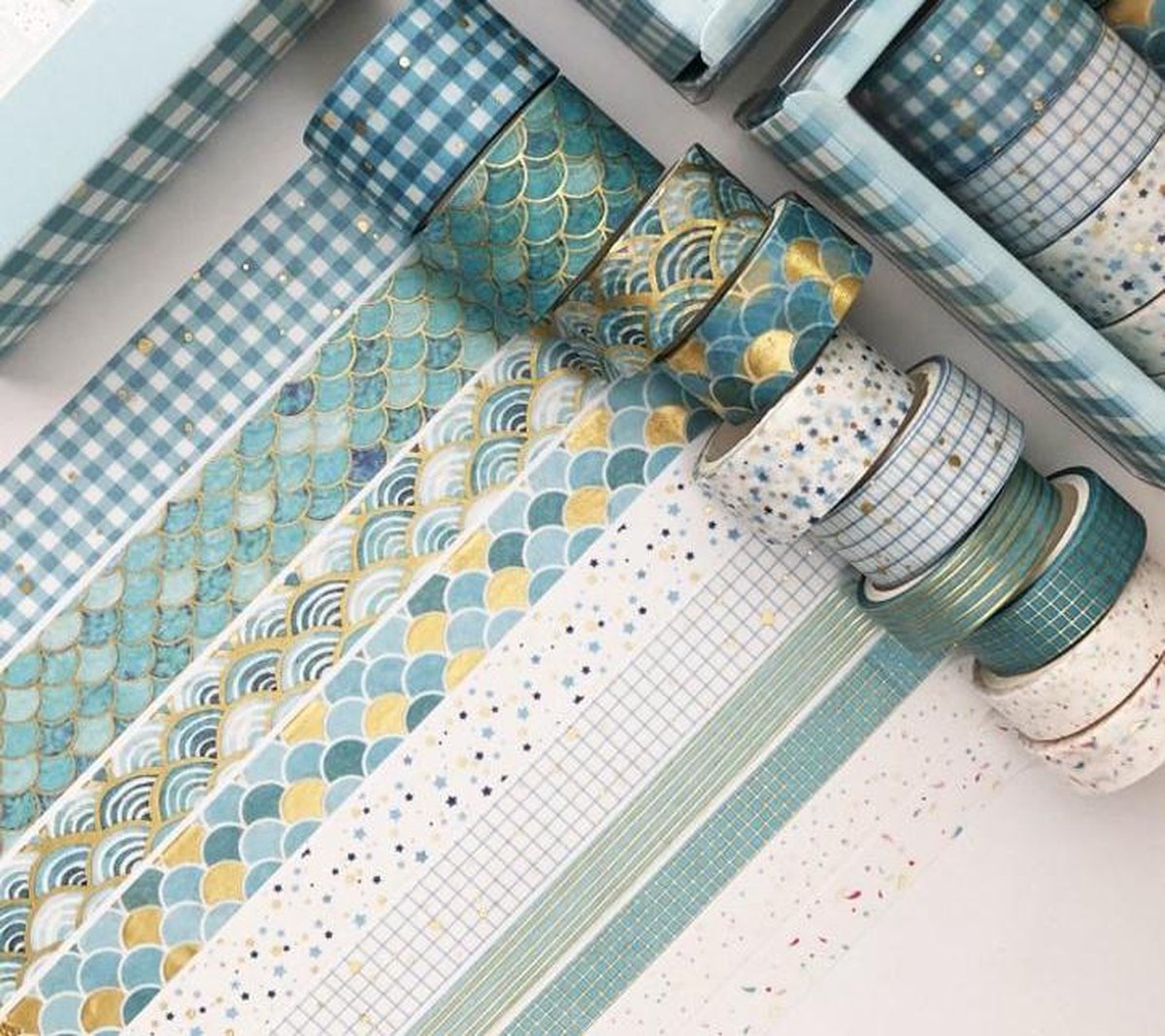 Washi Tape - 10 rollen - Blauw/Groen met Goud Foil - Masking Tape