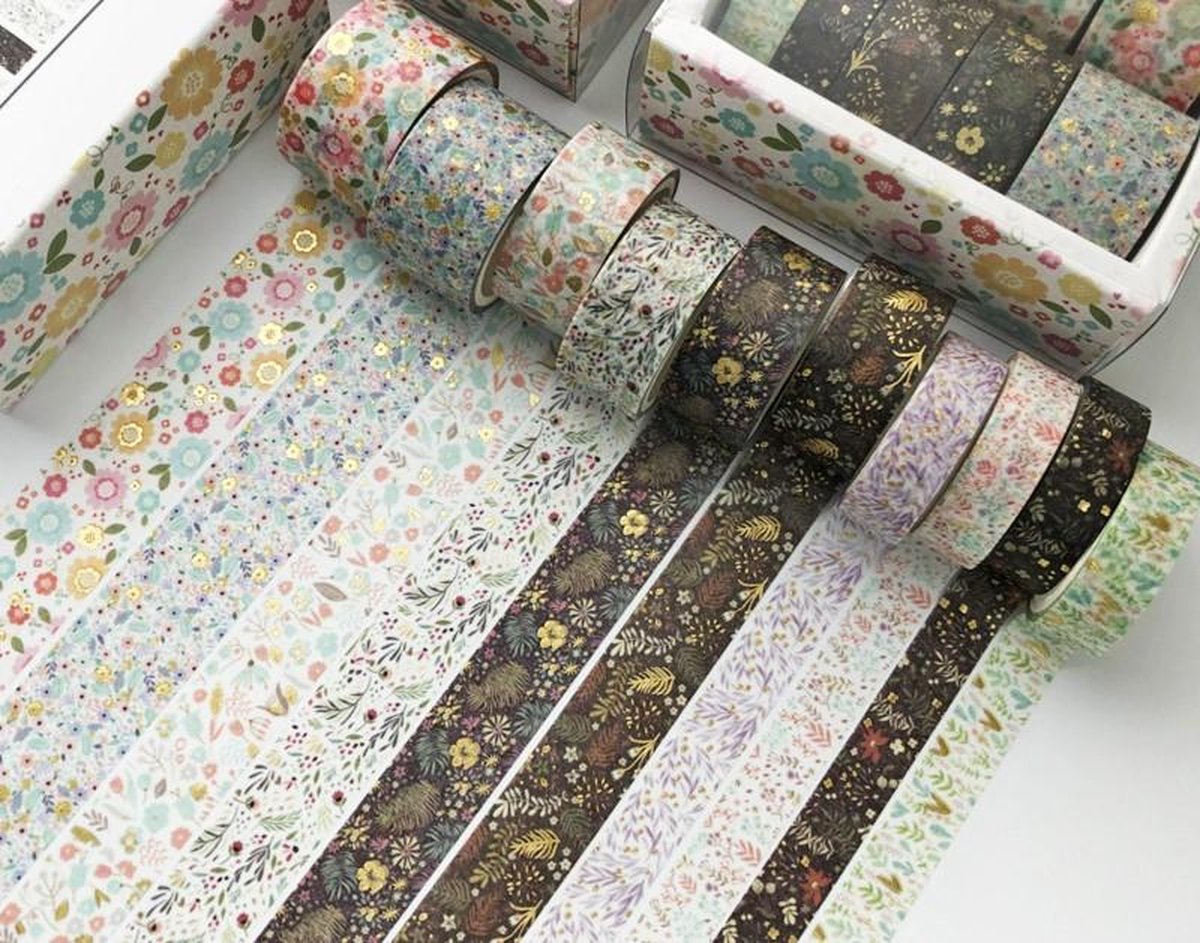 Washi Tape Flower Design Gold Foil - 10 rollen - Masking Tape voor o.a. bulletjournal, scrapbooking en het maken van kaarten