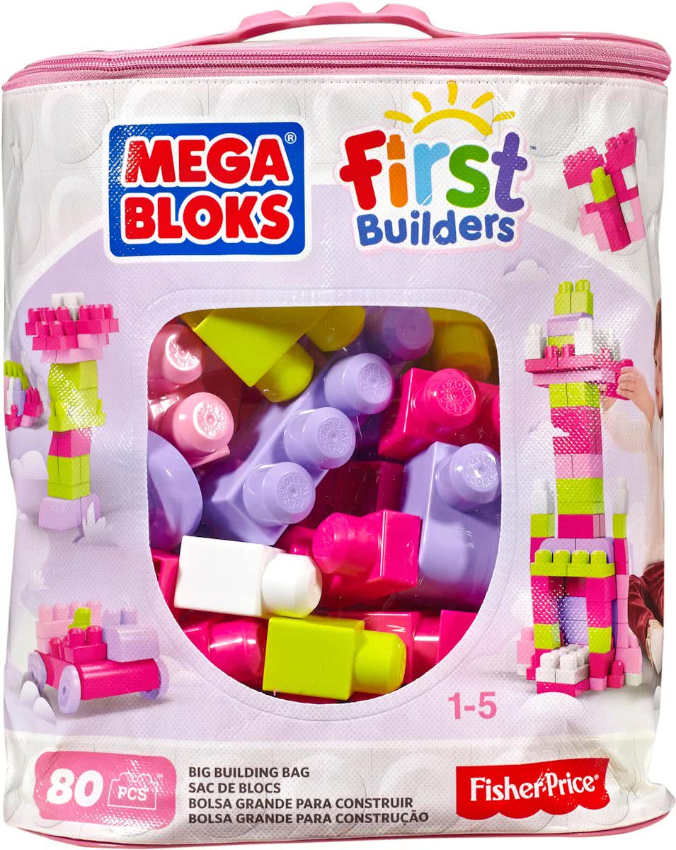 Mega Bloks First Builders 80 Maxi Blokken met tas - Roze - Constructiespeelgoed