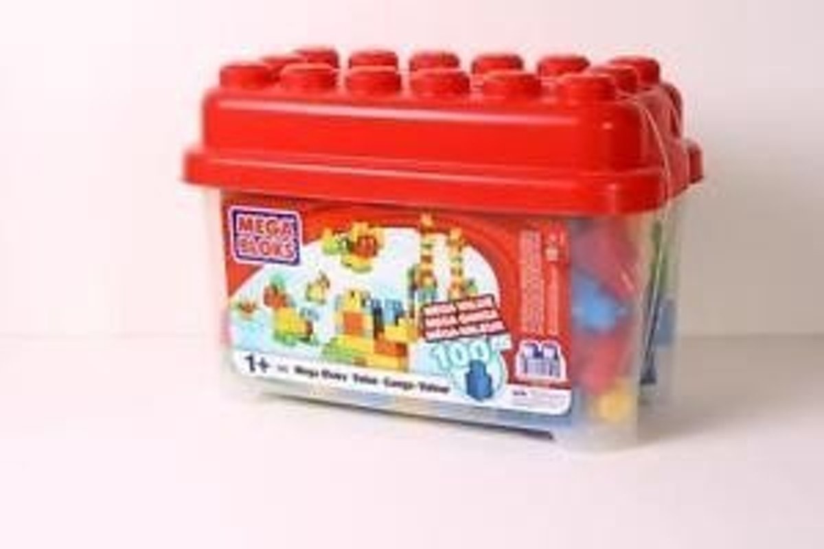 Mega Bloks speelblokken set 100 stuks in handige transparante doos met rood deksel.