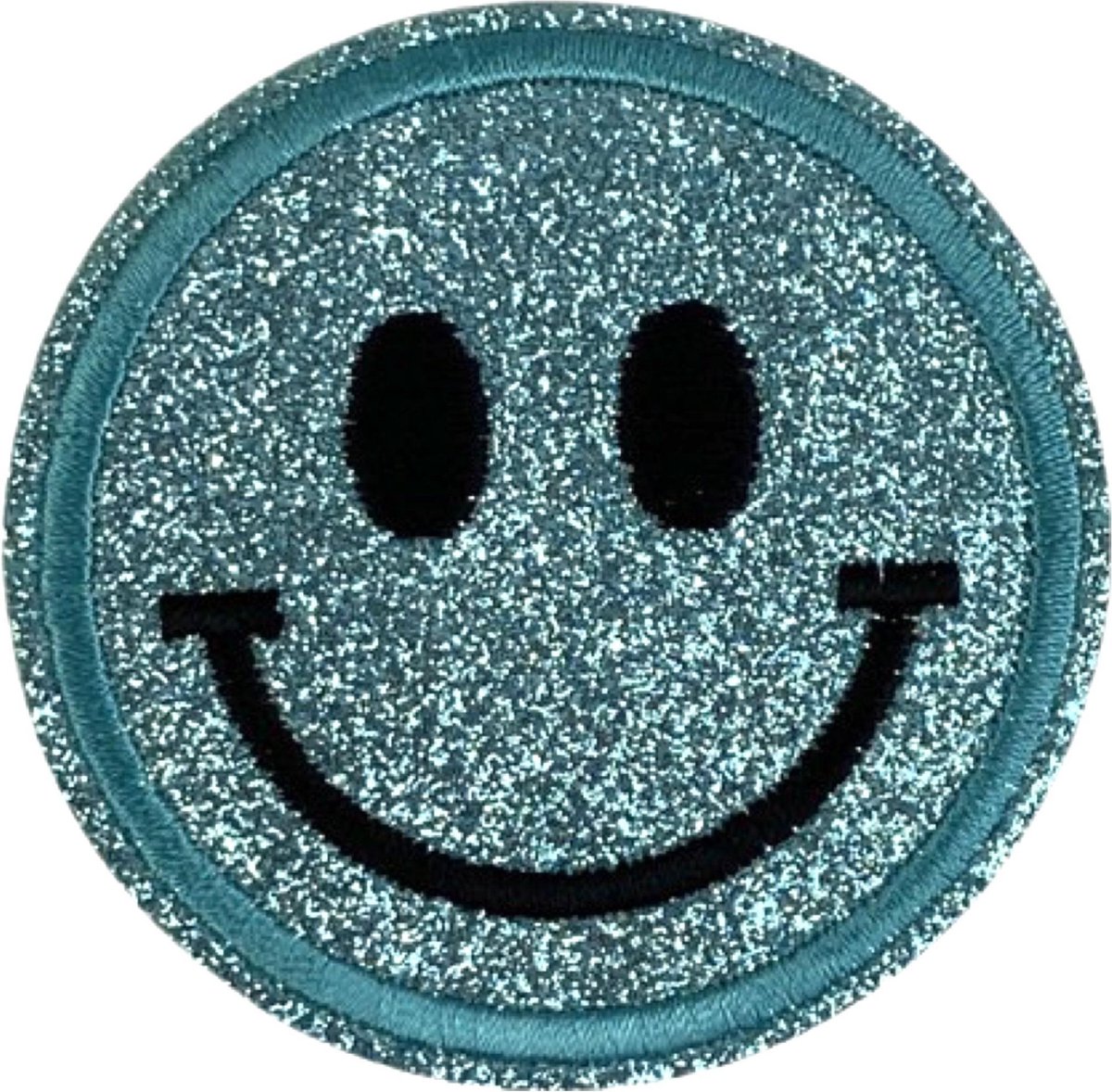 Blauwe Glitter Smiley Emoji Strijk Embleem Patch 6.4 cm diameter