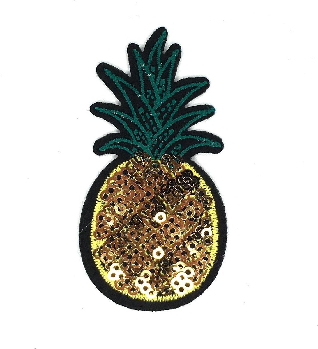 MegaMooi Ananas Strijk Embleem Patch Van Goudkleurige Paillette 7 x 4 cm