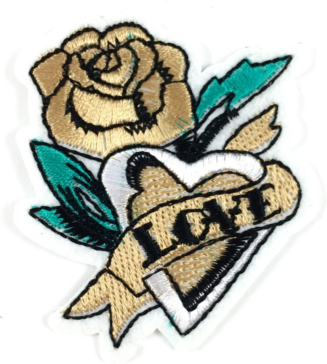 MegaMooi Beige Tattoo Strijk Embleem Patch Met Roos Hart En De Tekst Love 7 x 6 cm