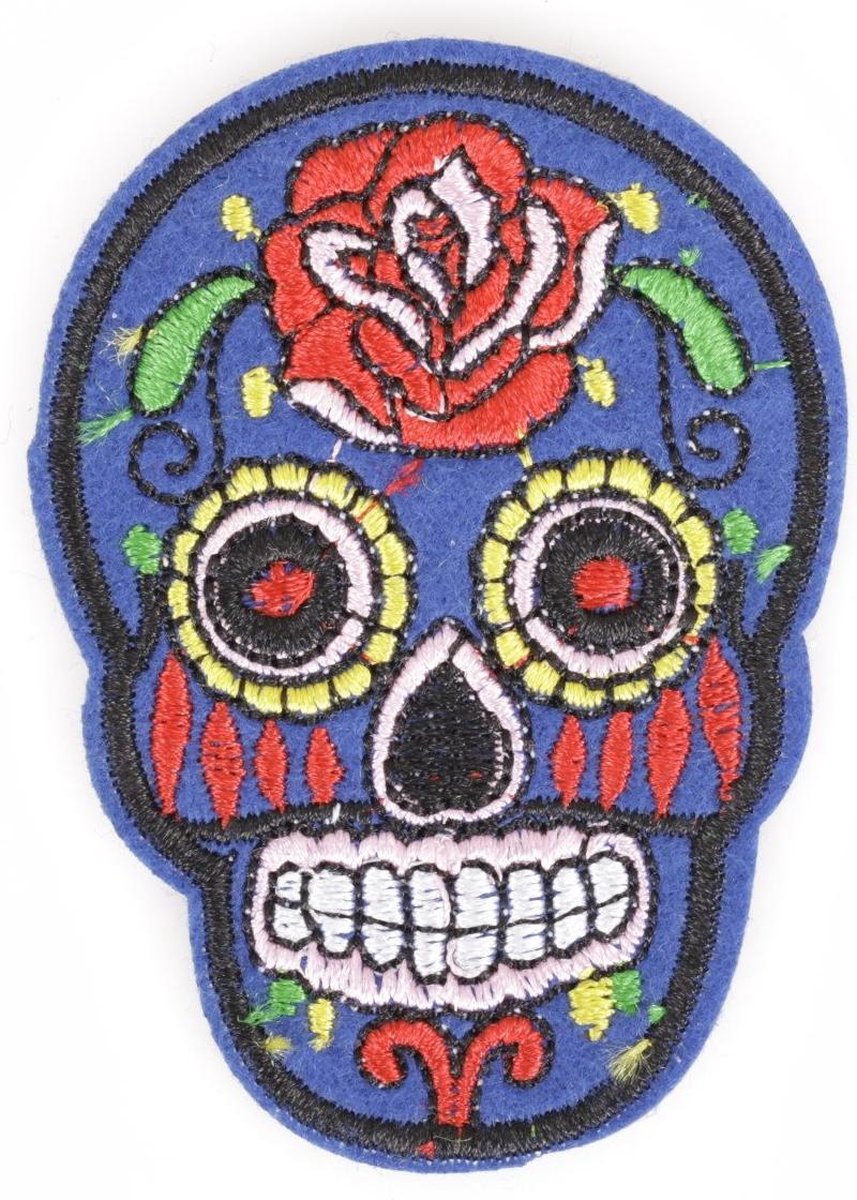 MegaMooi Blauwe Sugar Skull Doodskop Strijk Embleem Patch 7 x 5 cm / Blauw