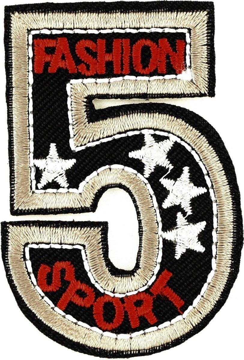 MegaMooi Cijfer 5 Met Fashion Sport Tekst Strijk Patch 6 x 3,5 cm