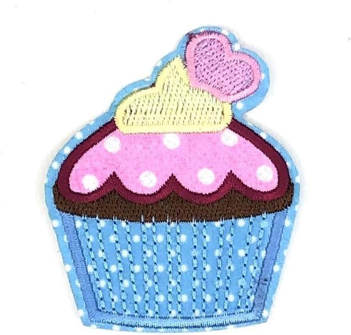 MegaMooi Cupcake Met Blauw Bakje Roze Glazuur En Rood Hartje Strijk Patch 5,4 x 6,5 cm