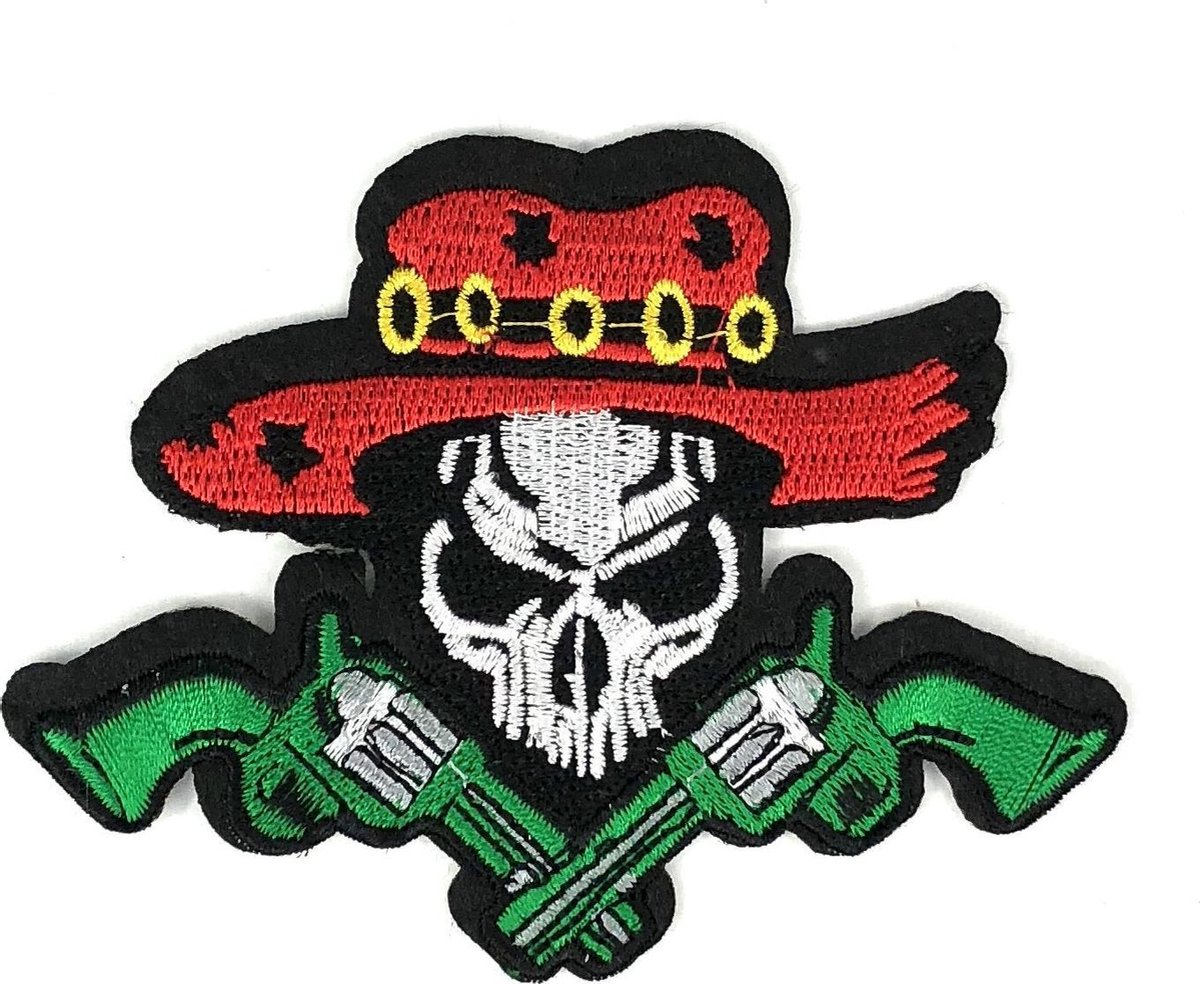 MegaMooi Doodskop Skull Met Twee Groene Revolvers En Rode Cowboy Hoed Patch 11,2 x 8,5 cm