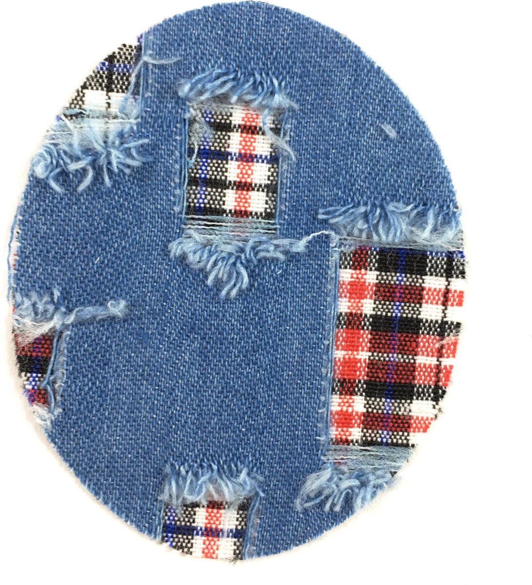 MegaMooi Ovale Denim Spijkerstof Strijk Patch Met Rood Blauw Geruite Stof 6 x 7 cm