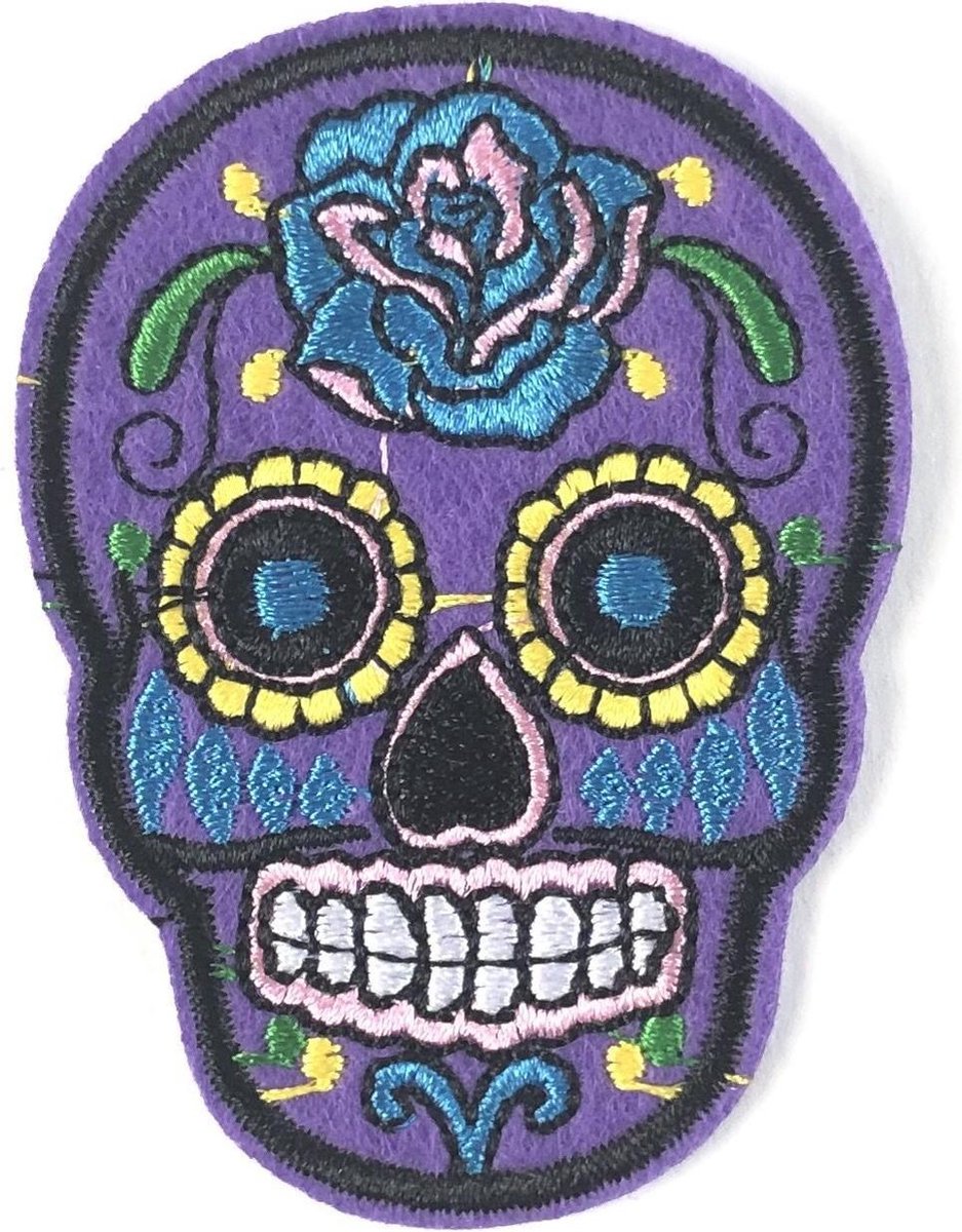 MegaMooi Paars Lila Sugar Skull Strijk Patch 7,2 x 5,3 cm