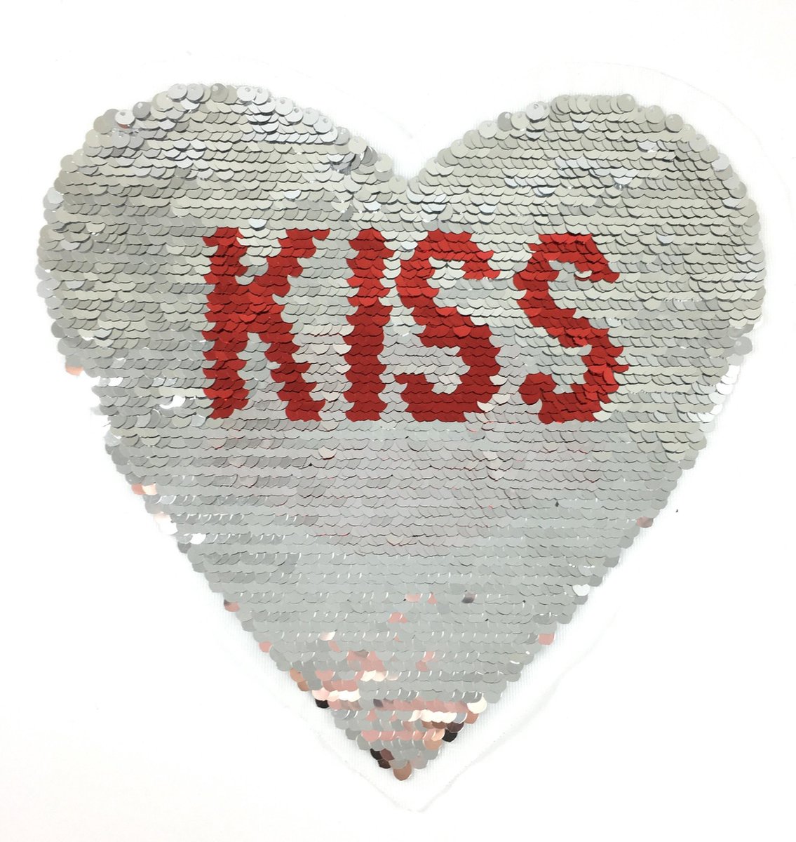 MegaMooi Reversible Paillette Hart Met Kiss Tekst En Rode Mond XXL Op Naai Patch 24 x 24,5 cm