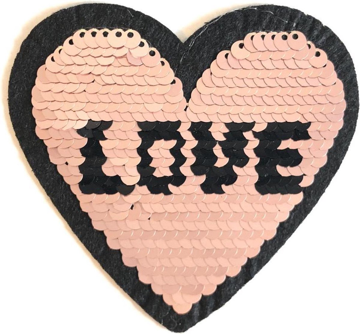 MegaMooi Reversible Pailletten Roze Naar Zilver Hart Met Love Tekst Strijk Embleem Patch 8,8 x 8,2 cm