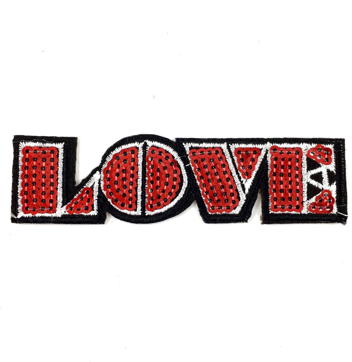 MegaMooi Rode Paillette Love Tekst Strijk Patch 9,3 x 2,5 cm