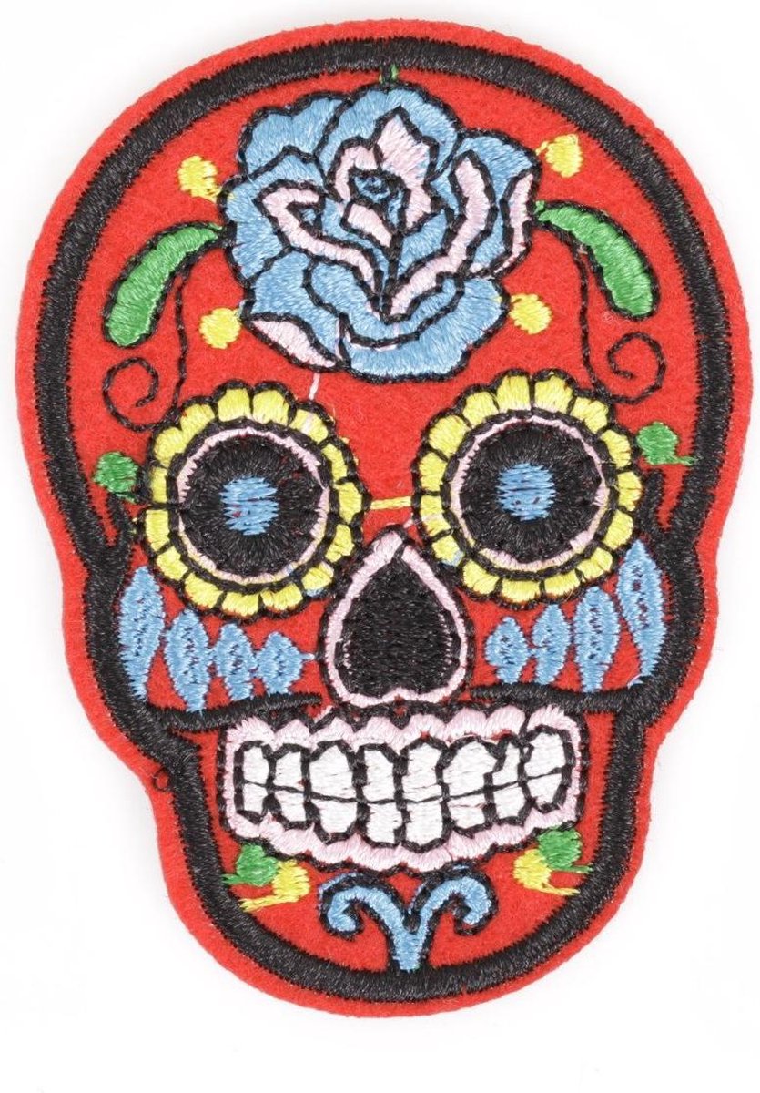 MegaMooi Rode Sugar Skull Strijk Patch 5,3 x 7,3 cm