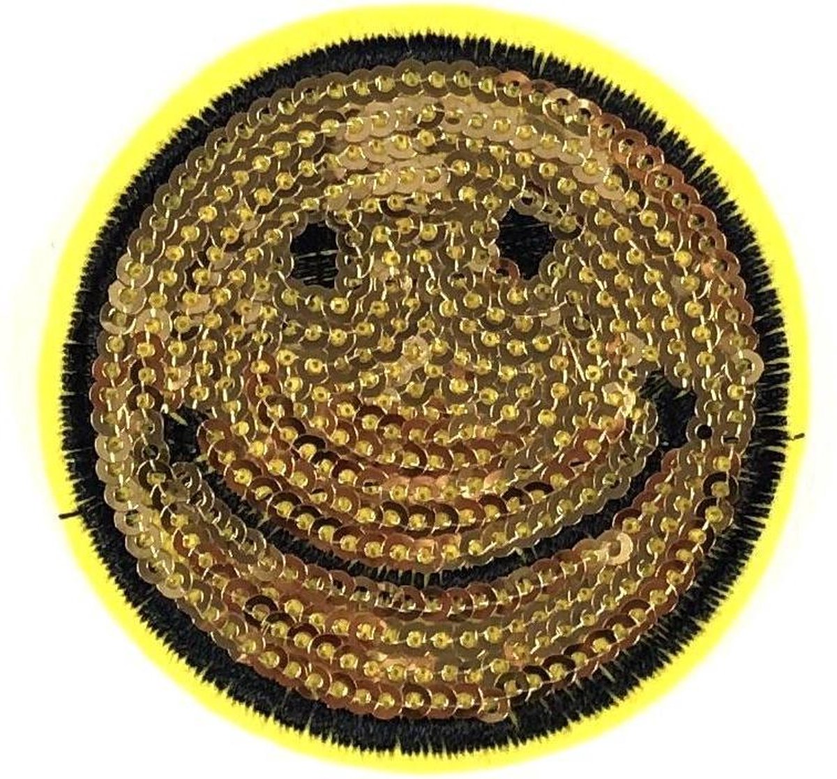 MegaMooi Ronde Goudkleurige Pailletten Smiley Strijk Patch 6,2 cm diameter