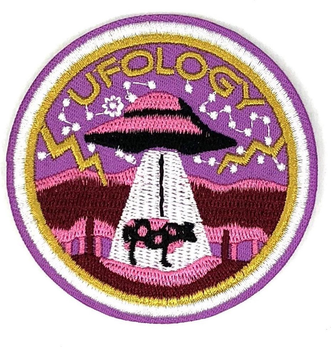 MegaMooi Roze UFO Met De Tekst UFOLOGY Patch 7 cm diameter