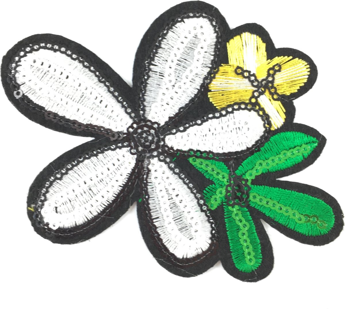 MegaMooi Witte Met Groen En Gele Paillette Bloem Strijk Patch 11,7 x 9,5 cm