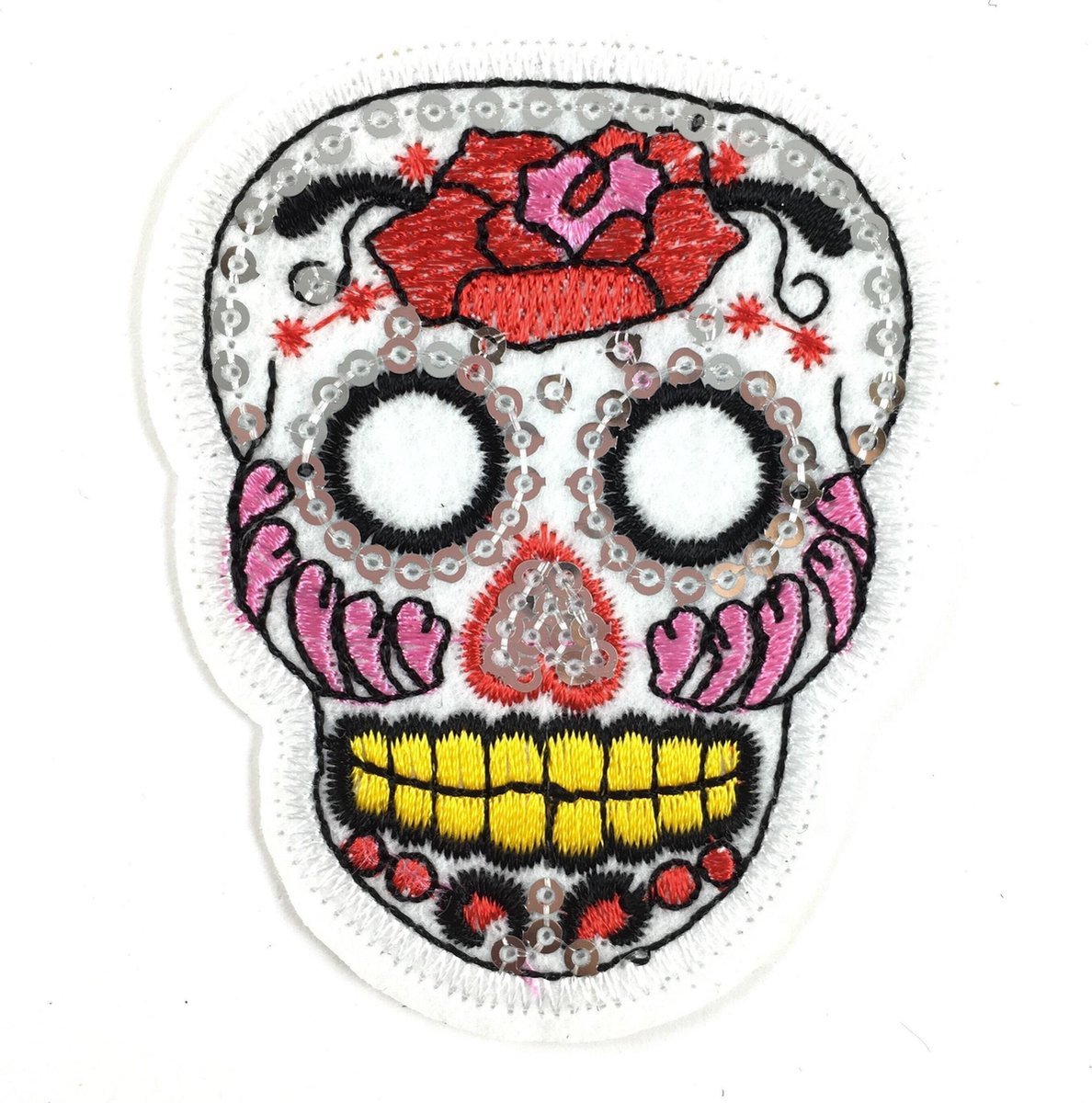 MegaMooi Witte Skull Doodskop Met Paillette Strijk Patch 7,5 x 5 cm