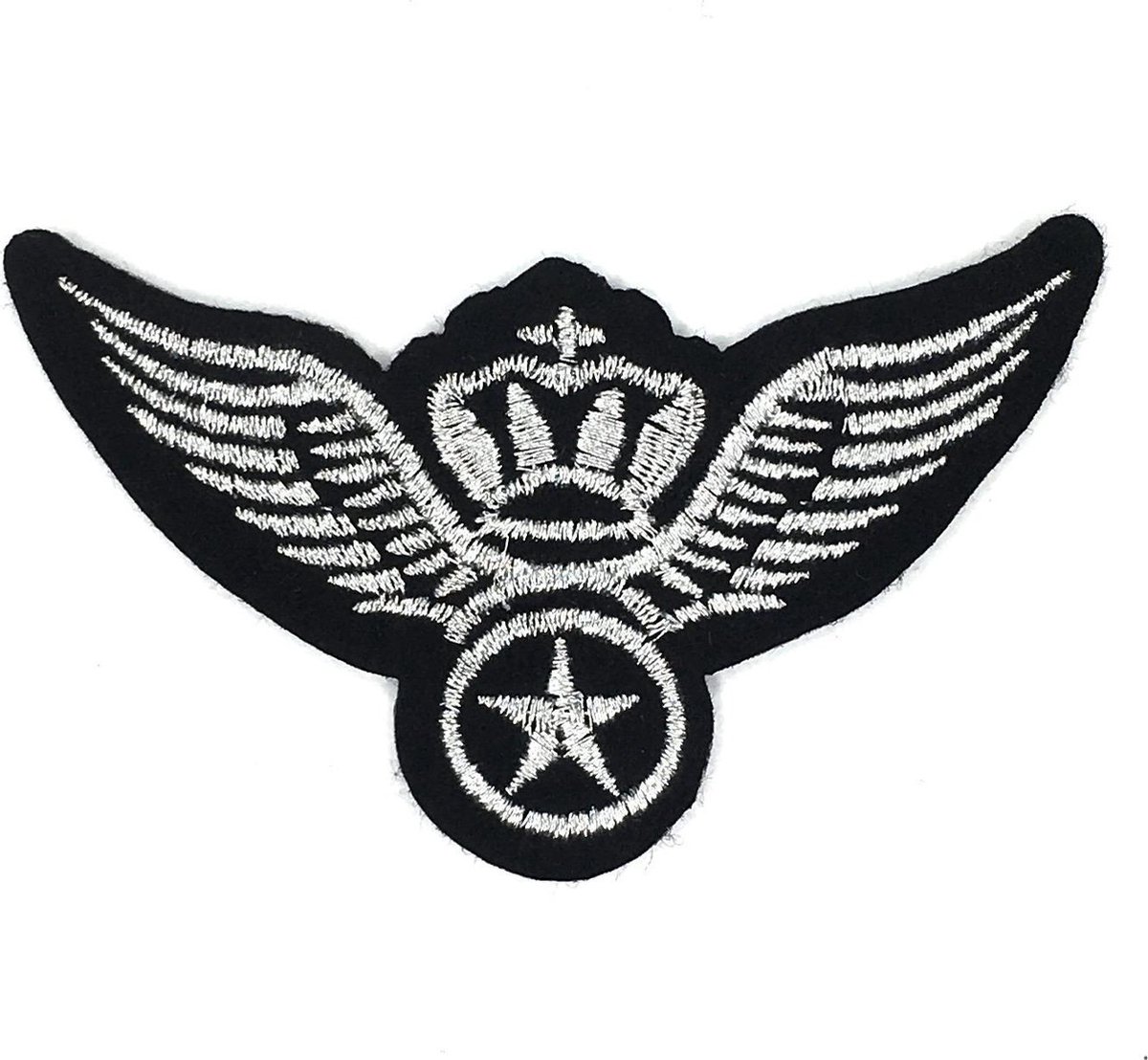 MegaMooi Zilver Kleurige Kroon Ster En Vleugels Op Zwart Airforce Embleem Patch 8,2 x 5 cm