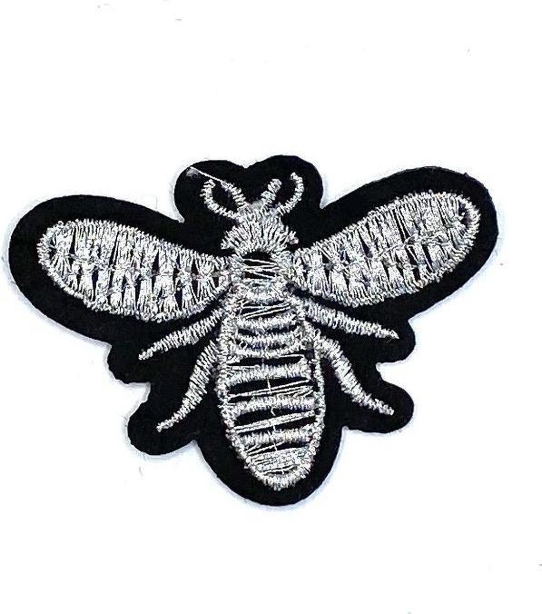 MegaMooi Zilverkleurig Geborduurde Bij Insect Strijk Embleem Patch 6,5 x 5,5 cm