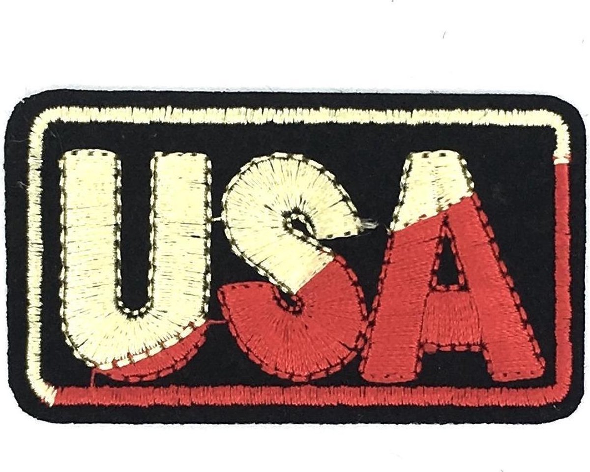 MegaMooi Zwarte Rechthoekige Patch Met USA Tekst In Goud En Rood 6,7 x 3,8 cm