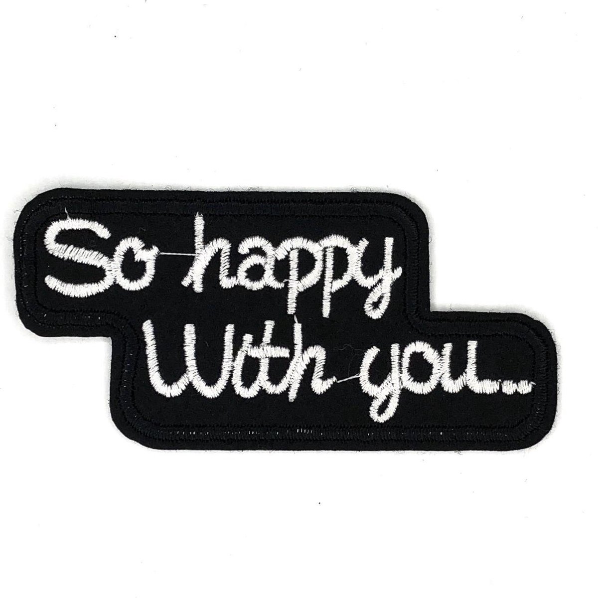 MegaMooi Zwarte Strijk Patch Met So Happy With You Tekst 9 x 4,3 cm