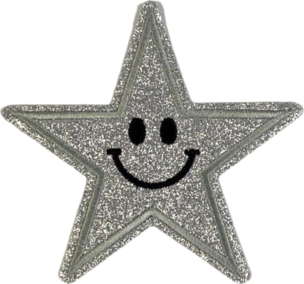 Zilverkleurige Smiley Glitter Ster Strijk Embleem Patch 9 x 9 cm