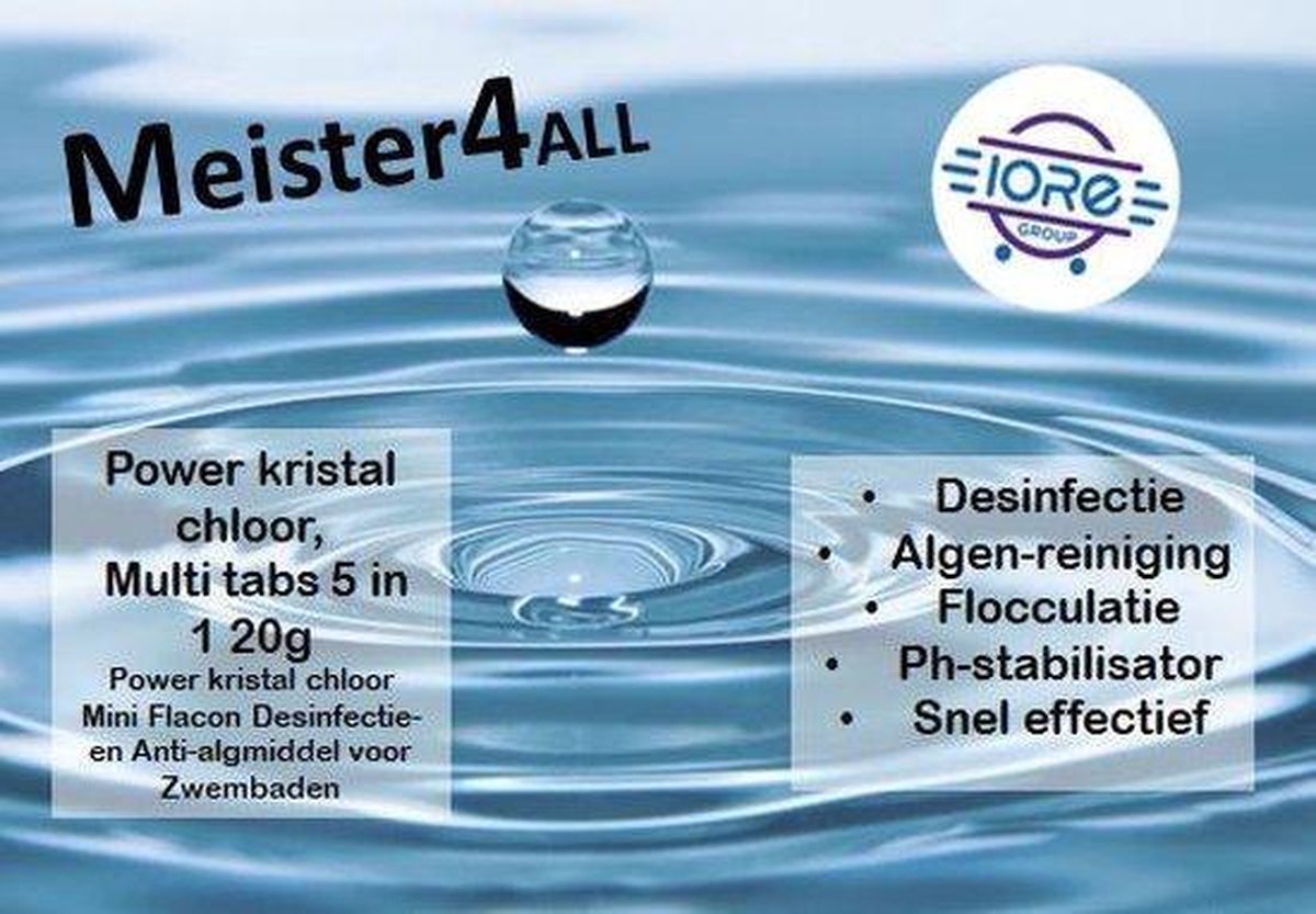 Meister4all Power 200 gram kristal chloor Mini Flacon Desinfectie- en Anti-algmiddel voor Zwembaden - 1 kg (Chloor tabletten 90% actief chloor) met chloor drijver en pH-test strips