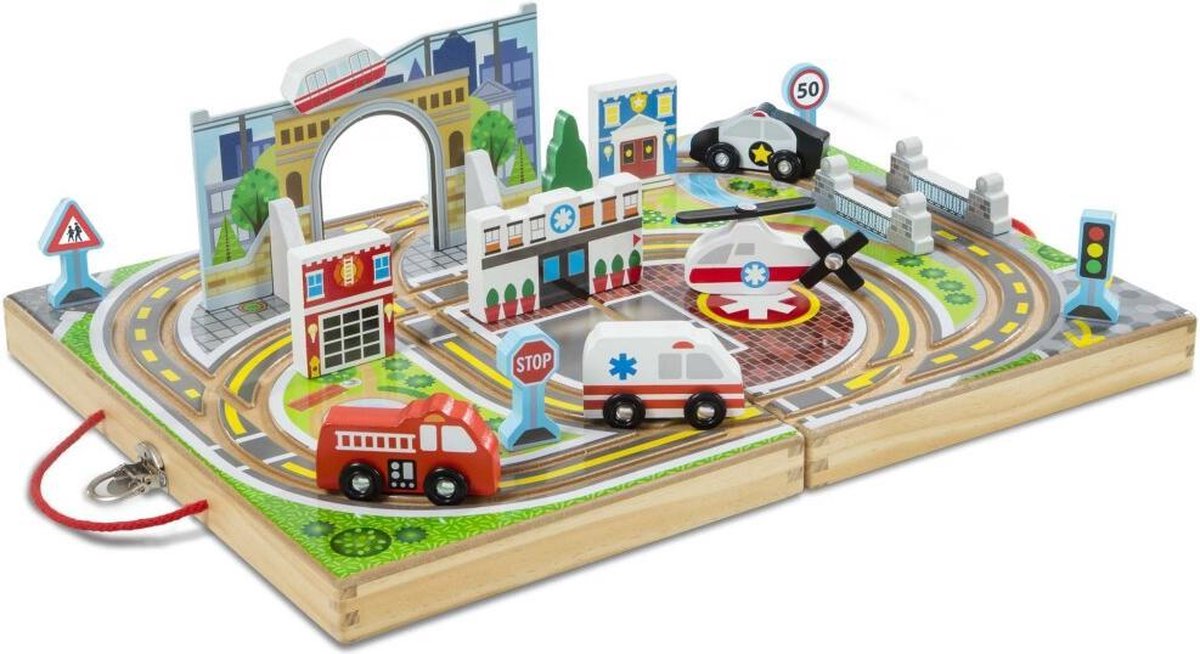 Melissa & Doug Houten Stad Koffer + 4 Voertuigen en Accessoires