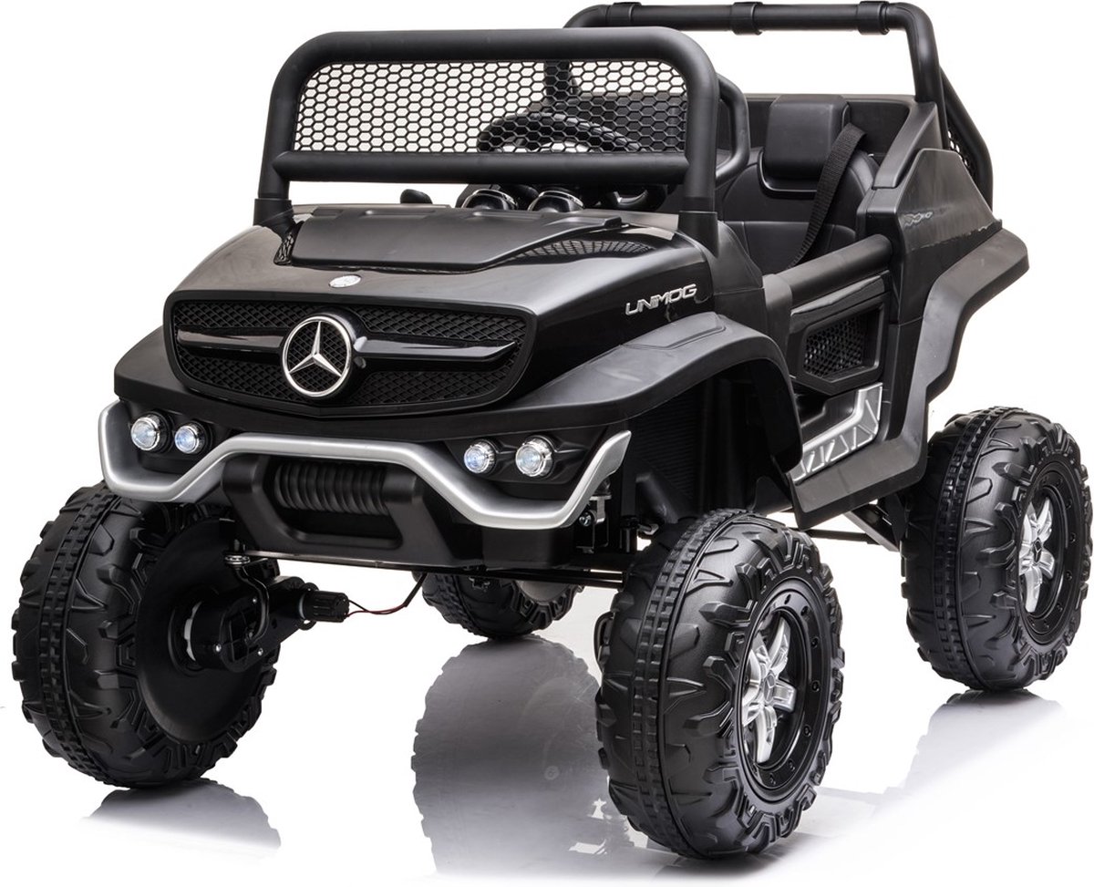 Elektrische Kinderauto Mercedes Unimog Mini 12V 4x4 - 1 persoons Met Afstandsbediening FULL OPTION (Zwart)