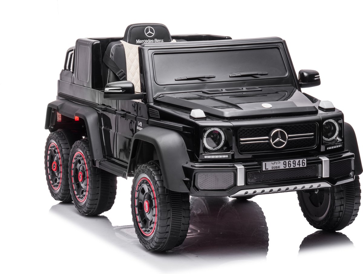 Mercedes G63 6X6 AMG 12V Elektrische Kinderauto, Accu auto voor kinderen met rubberen banden en lederzitje en afstandsbediening Zwart