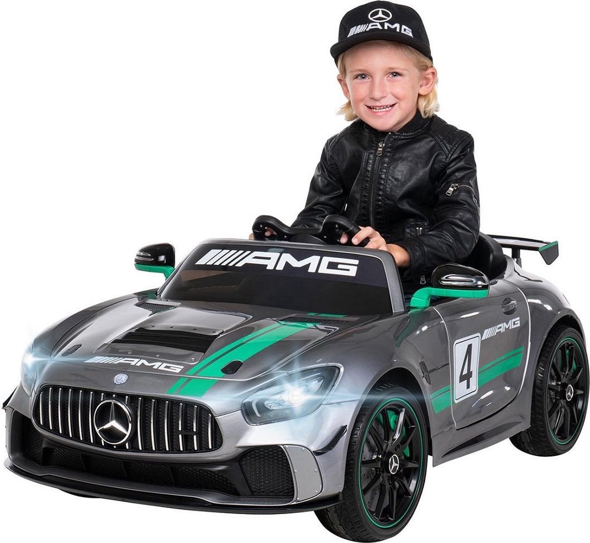 Mercedes AMG GT4 Grijs - Elektrische Kinderauto 12V - MP3 + USB + LED verlichting + Afstandsbediening