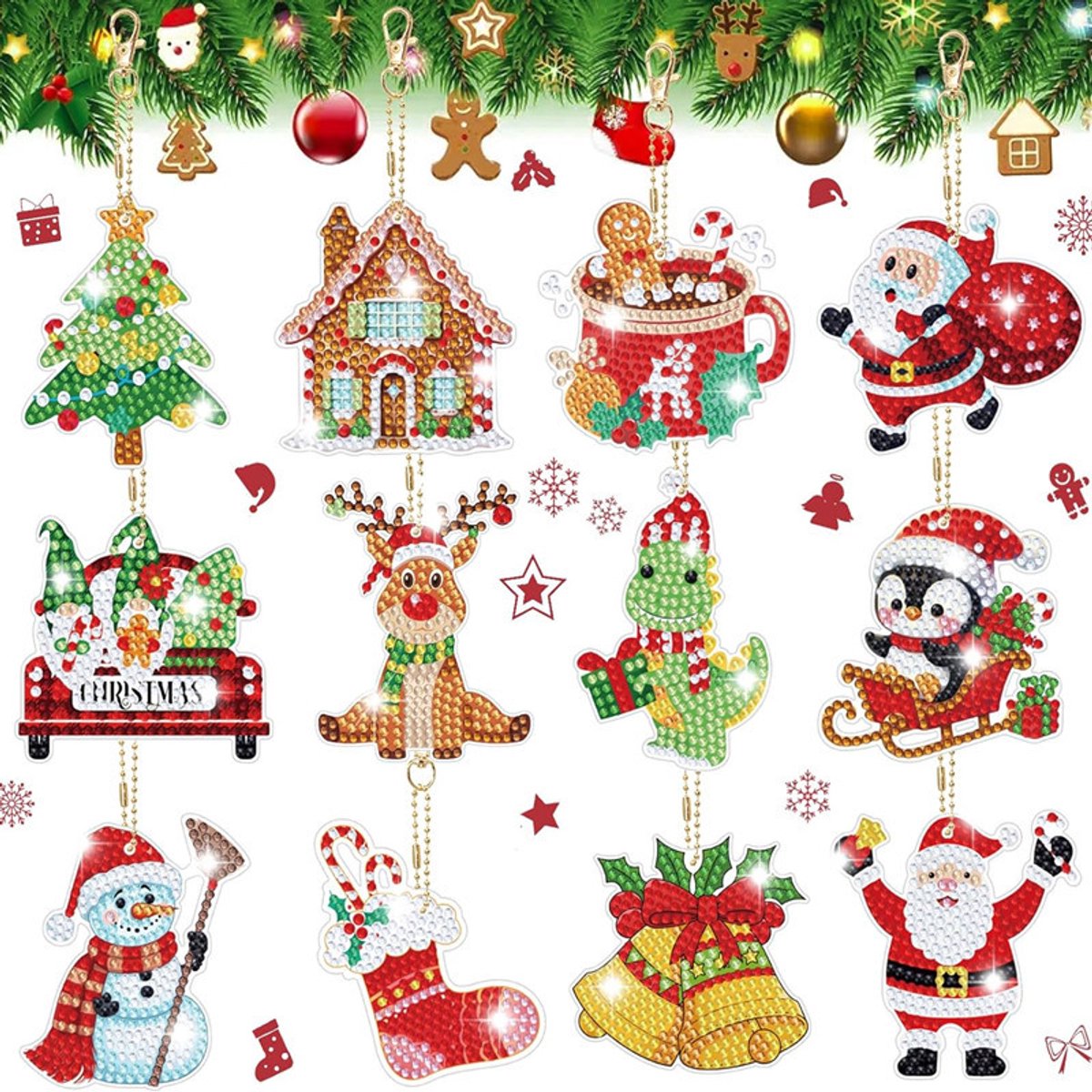 Diamond Painting Sleutelhanger - Kerst Sleutelhanger - 12 x sleutelhanger - Dubbelzijdig - Maak je eigen sleutelhanger - Geschikt voor in de kerstboom sleutelhanger diamond painting volwassenen - Kinderen - Hanger geschikt voor aan je tas