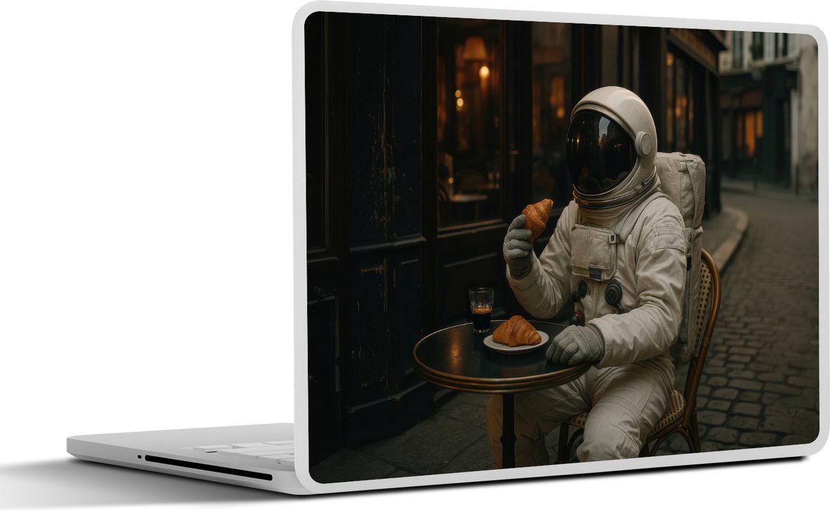 Laptop sticker - 14 inch - Café - Croissant - Koffie - Astronaut - 32x5x23x5cm - Laptopstickers - Laptop skin - Cover